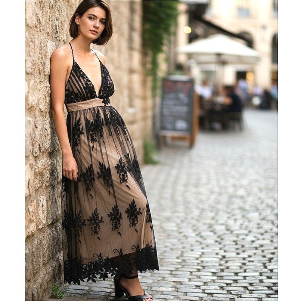 Strappy Maxi Dress Sz Black Floral Lace Overlay Nude Lined‎ Party Cocktail